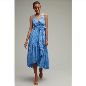 ANTHROPOLOGIE Eyelet Cutouts Wrap Midi Dress Tiered Blue Plus Size 14 NWT